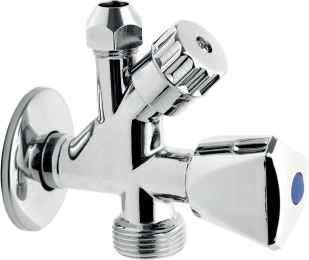Kombinuotas kampinis ventilis skalbyklei su atbuliniu vožtuvu 3/8" x 1/2" x 3/4"