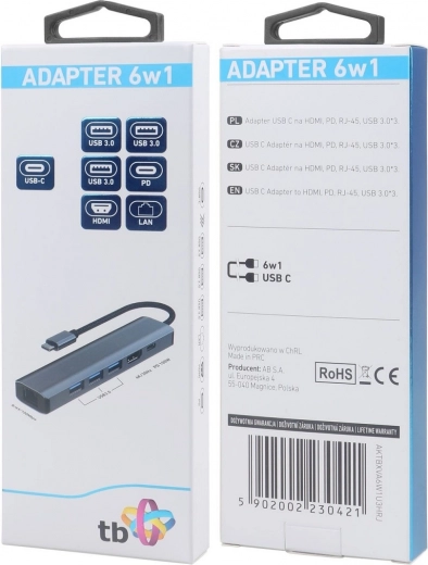 USB-C šakotuvas (hub) 6 viename – HDMI, 3x USB, PD, RJ-45