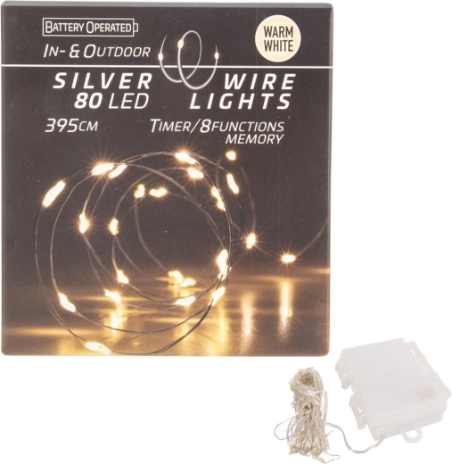 LED šviesos girlianda ant vielutės, 80 LED, šiltai geltona, IN/OUT su laikmačiu