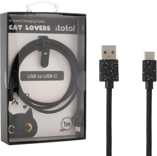 USB‑C įkrovimo kabelis su juoda kate ir silikonine juostele ilgio reguliavimui