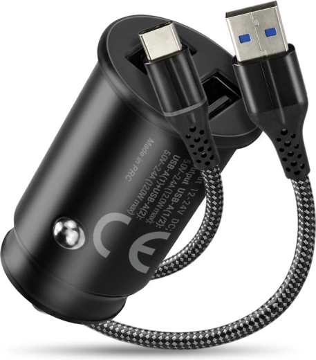 everActive CC-25C Car Charger with 2× USB‑A 12 W + USB‑C Cable