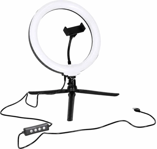 RGB LED žiedinė asmenukių lempa ant stovo su telefono laikikliu ir Bluetooth valdikliu