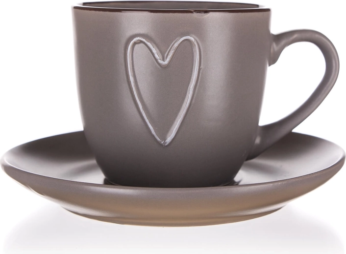 Puodelis su lėkštute HEART 260 ml, rudas keraminis
