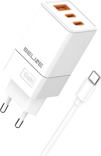 65 W GaN tinklo įkroviklis 2x USB‑C + USB‑A su USB‑C kabeliu – Balta