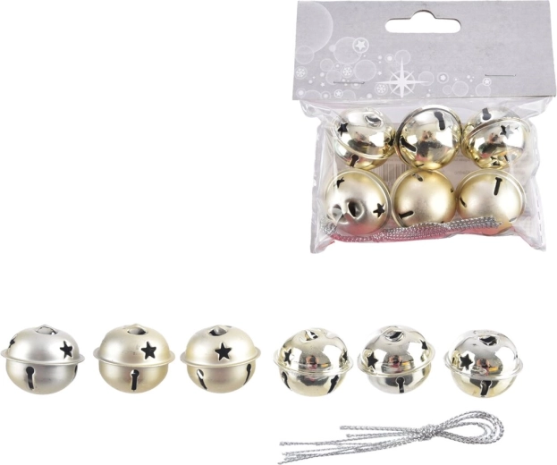 Hanging metal jingle bells in gold color (6 pcs)