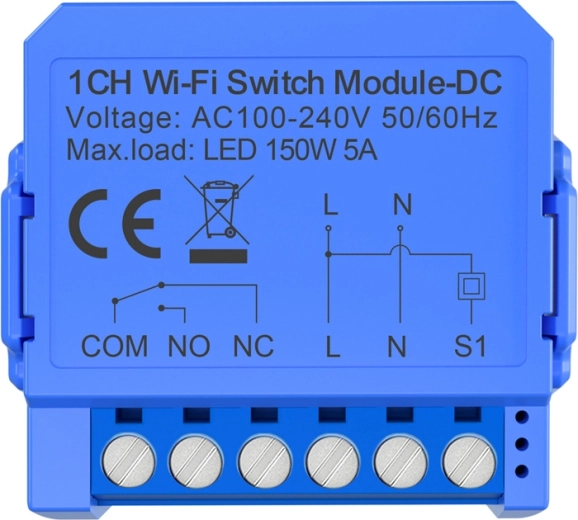 Išmanus vieno kanalo „Wi‑Fi“ jungiklio modulis su beįtampiu DC kontaktu AVATTO WSM16-DC-1