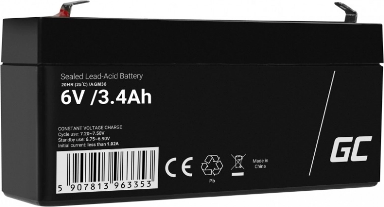 Maintenance-free AGM VRLA battery GREEN CELL 6 V 3.4 Ah for alarms, cash registers and toys