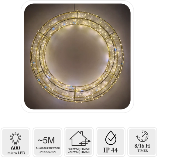 Kalėdinis LED vainikas 40 cm, 600 micro LED, šiltai balta su šaltu mirksėjimu, naudojimui viduje ir lauke – 1 vnt.