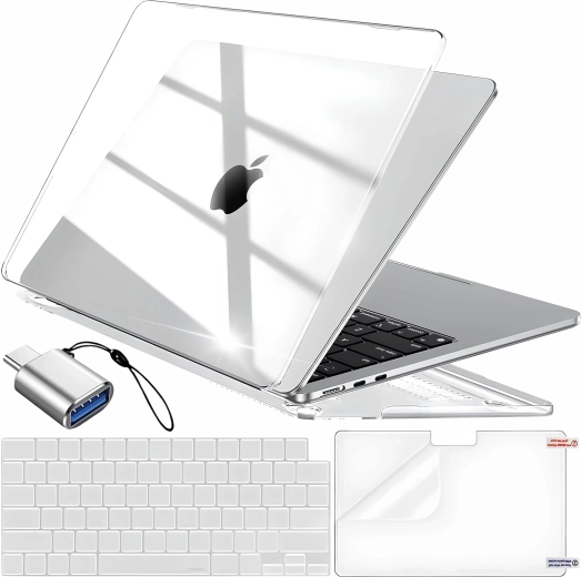 Renew Force transparent protective case for MacBook Air 13.6" (M2 2022 / M3 2024 / M4 2025) with keyboard cover, screen protector film and USB‑C to USB 3.0 adapter - 1 piece
