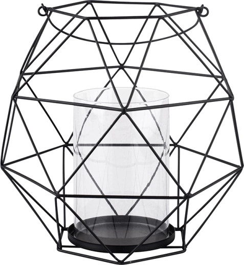 Metalinis geometrinis žibintas su rankena ir stikline įdėkle 22 × 22 × 22 cm, juodas