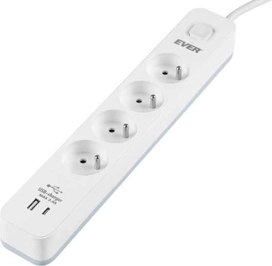 Viršįtampių apsaugos ilgintuvas EVER Protect, 4 lizdai su USB-A ir USB-C, 3,4 A