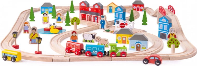 Medinis traukinių bėgių rinkinys „Miestas ir kaimas“ BIGJIGS RAIL, 91 dalių