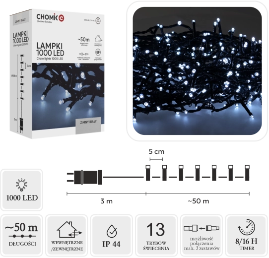 LED Christmas light string 1000 LEDs, cool white, 53 m (50 m + 3 m)