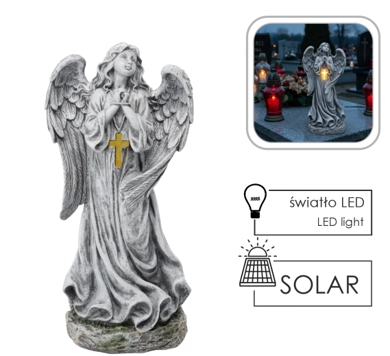 Saulės energija maitinamas angelas su LED kryželiu, 50,5 cm