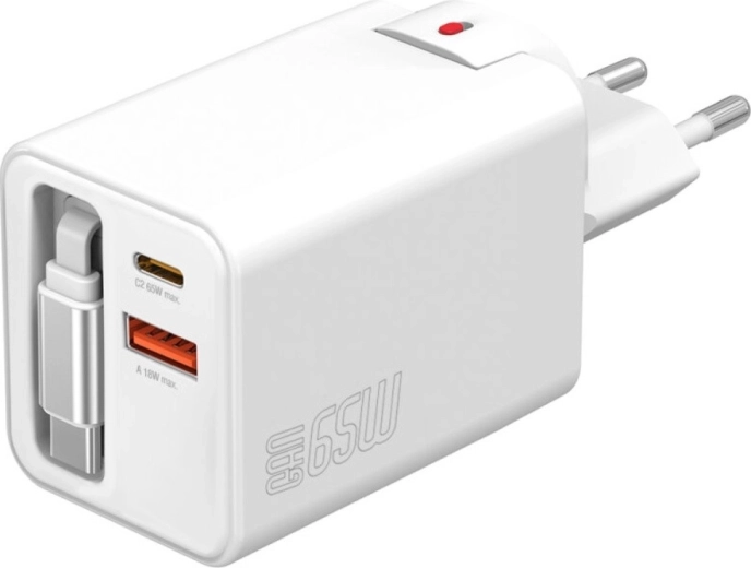GaN 65 W tinklo įkroviklis su ištraukiamu laidu, 2× USB‑C + USB‑A, baltas