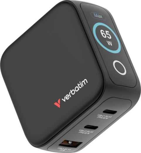 Verbatim mini GaN įkroviklis 65 W su TFT ekranu, 2× USB‑C ir 1× USB‑A, EU/UK/USA