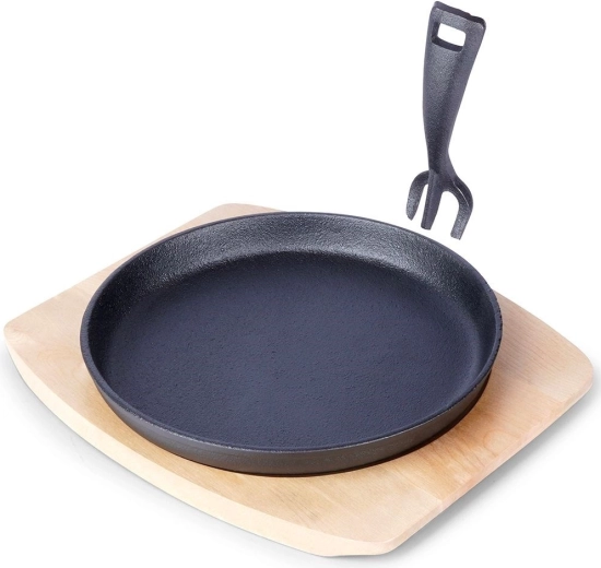 Cast iron serving pan with wooden board 22 cm, 2-piece set