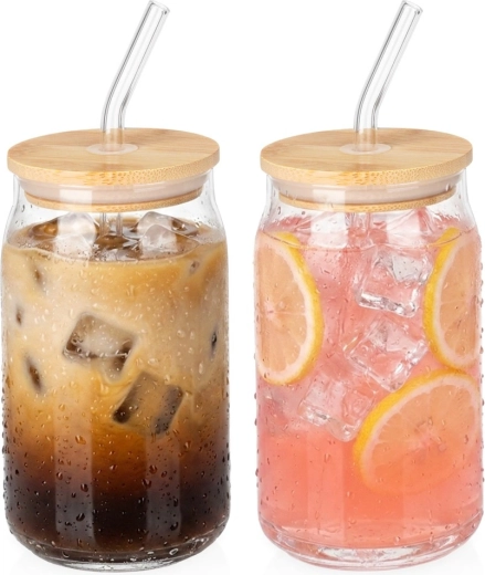 Vilde stikliniai puodeliai su bambukiniu dangteliu ir stikliniu šiaudeliu 460 ml, 2 vnt.