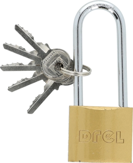 Padlock 40 mm with extended shackle, brass, 5 keys