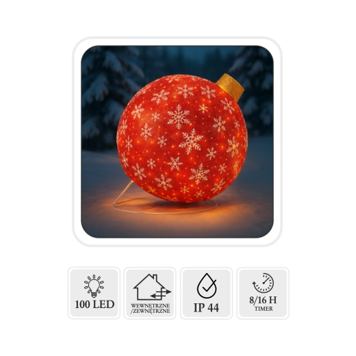 Kalėdinė LED dekoracija – raudonas rutulys 60 cm, 100 LED, šilta balta, viduje / lauke