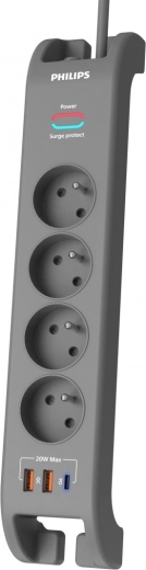 Apsauginis ilgintuvas nuo viršįtampių 2 m, 4 lizdai, 1× USB‑C, 2× USB‑A, PD 20 W / QC 18 W, 2400 J – Philips