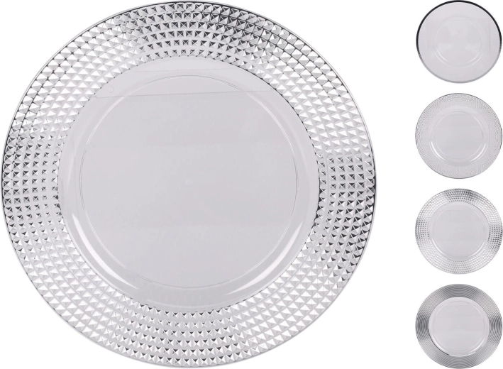Sidabrinė plastikinė lėkštė 33 cm su dekoratyviniu krašteliu