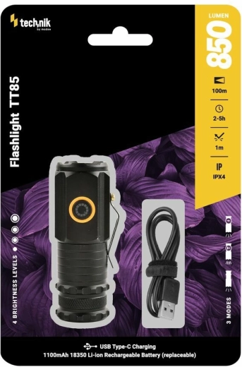 Kišeninis žibintuvėlis Technik TT85, 850 lm, 3× LED P35, USB‑C, magnetinis pagrindas