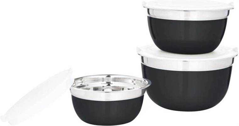 Set of 3 stainless steel bowls with lids, black