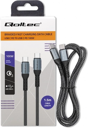 Pintas USB‑C į USB‑C kabelis 100 W, 1,5 m – QOLTEC