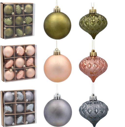 Set of Christmas ornaments 6 cm – olive, copper, and graphite, set of 9 pcs