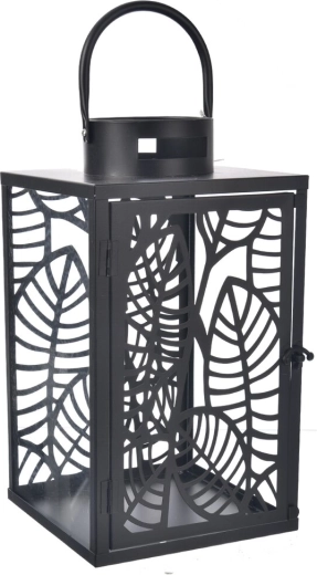 Black metal lantern with leaf motif 40 cm