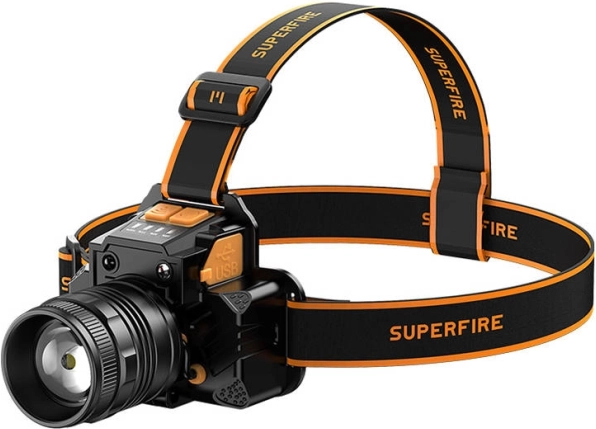 Superfire galvos žibintas 350 lm su USB įkrovimu ir powerbank funkcija