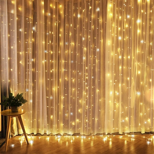 Solight LED kalėdinė lango užuolaida (šviesų uždanga) sidabrinė, 300 mini LED su laikmačiu, 8 funkcijos, USB
