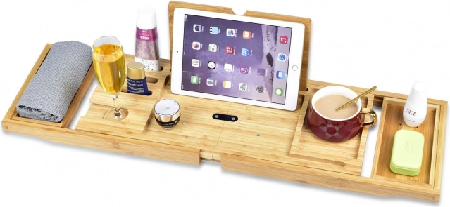 Bamboo Bathtub Rack with Wine Glass Holder