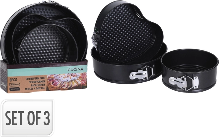 Set of springform cake pans – 2× round and 1× heart, non-stick coating