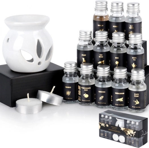 Dovanų aromaterapijos rinkinys su keramine aromalampe ir 12 kvapiųjų aliejų
