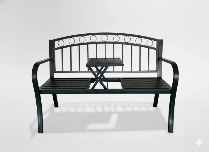 Sodo metalinis suoliukas su atlenkiamu staliuku, 127 × 53 × 84 cm