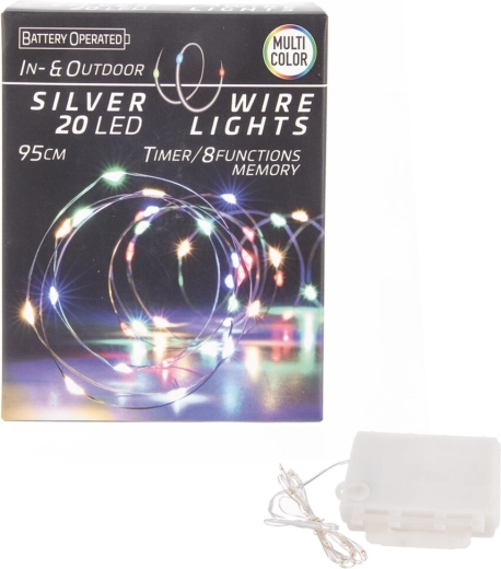 LED string lights on wire with timer, 20 LEDs, multicolor, in/out