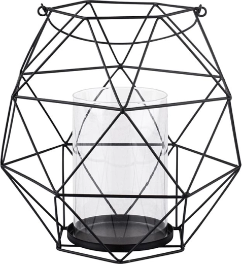 Black metal candle holder with handle and glass insert in a geometric design, 22 × 22 × 22 cm