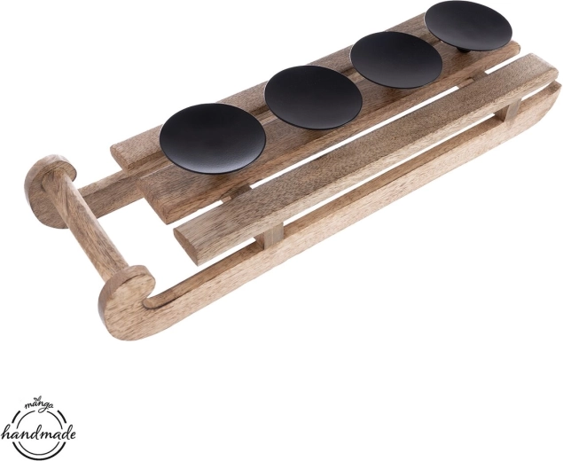 Mango Advent Candle Holder in a Sleigh Shape Made of Wood and Metal