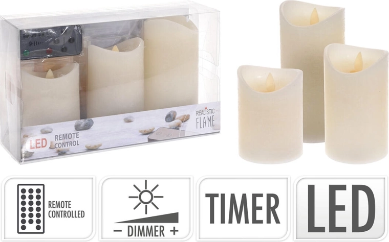 Set of LED Candles with Remote Control and Timer, Ivory (3 pcs)