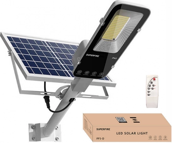 Saulės energija maitinamas gatvės šviestuvas Superfire su nuotolinio valdymo pultu, 1400 lm, 20000 mAh, IP65