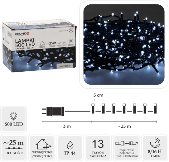LED string lights 500 LED cool white 25 m, indoor/outdoor - 1 piece