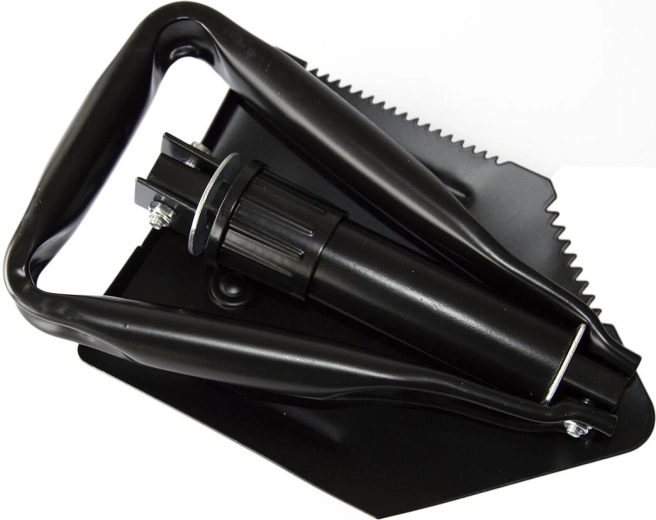 Folding military shovel with hoe