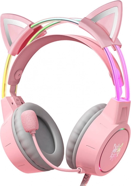 Onikuma X15 Pro rožinės žaidimų ausinės su kačių ausytėmis