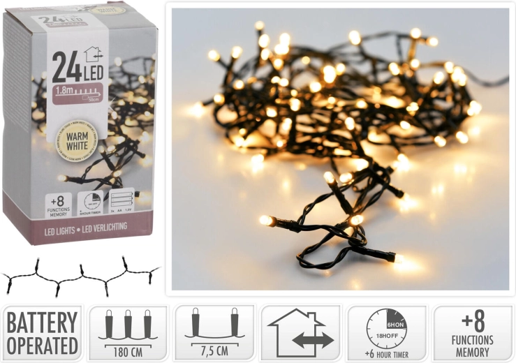 Kalėdinis LED apšvietimas 1,8 m, 24 LED, šilta balta, 8 funkcijos su laikmačiu