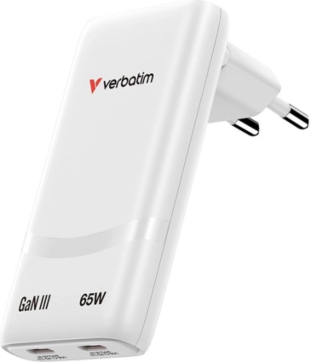 Verbatim Fold n Go GaN Charger 65 W, 2× USB‑C (PD 3.0, PPS), white