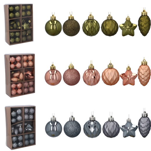 47 vnt. kalėdinių eglutės žaisliukų rinkinys alyvuogių, vario ir grafito spalvų (4–6 cm)