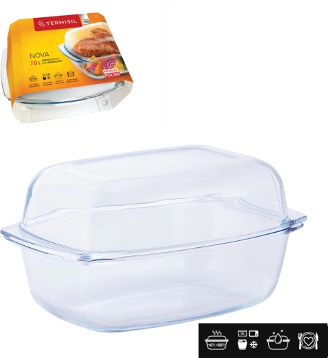 Heat-resistant rectangular baking dish 7 L with glass lid