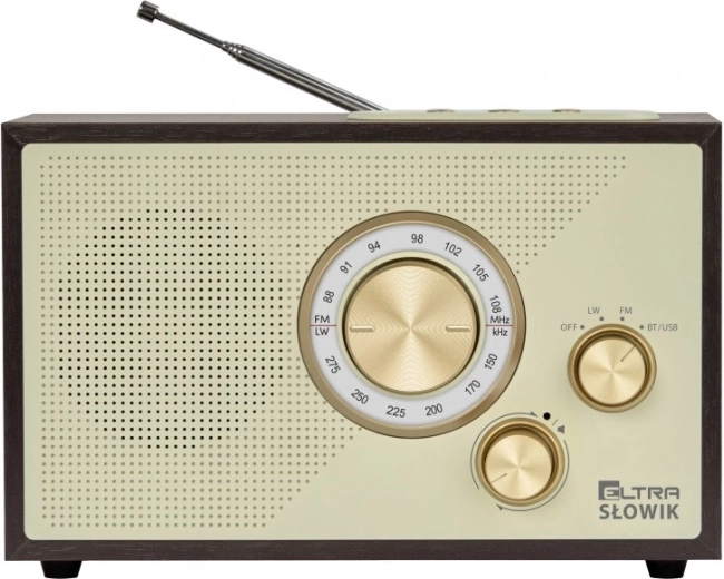 Stalinis radijas OR Słowik su USB, Bluetooth ir FM/LW – tamsiai ruda mediena